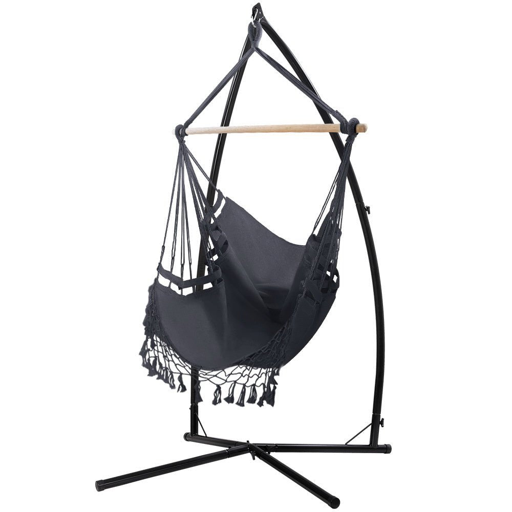 Outdoor Rope Hammock Chair with Steel Stand Grey - Furniture > Outdoor - Bedzy Australia