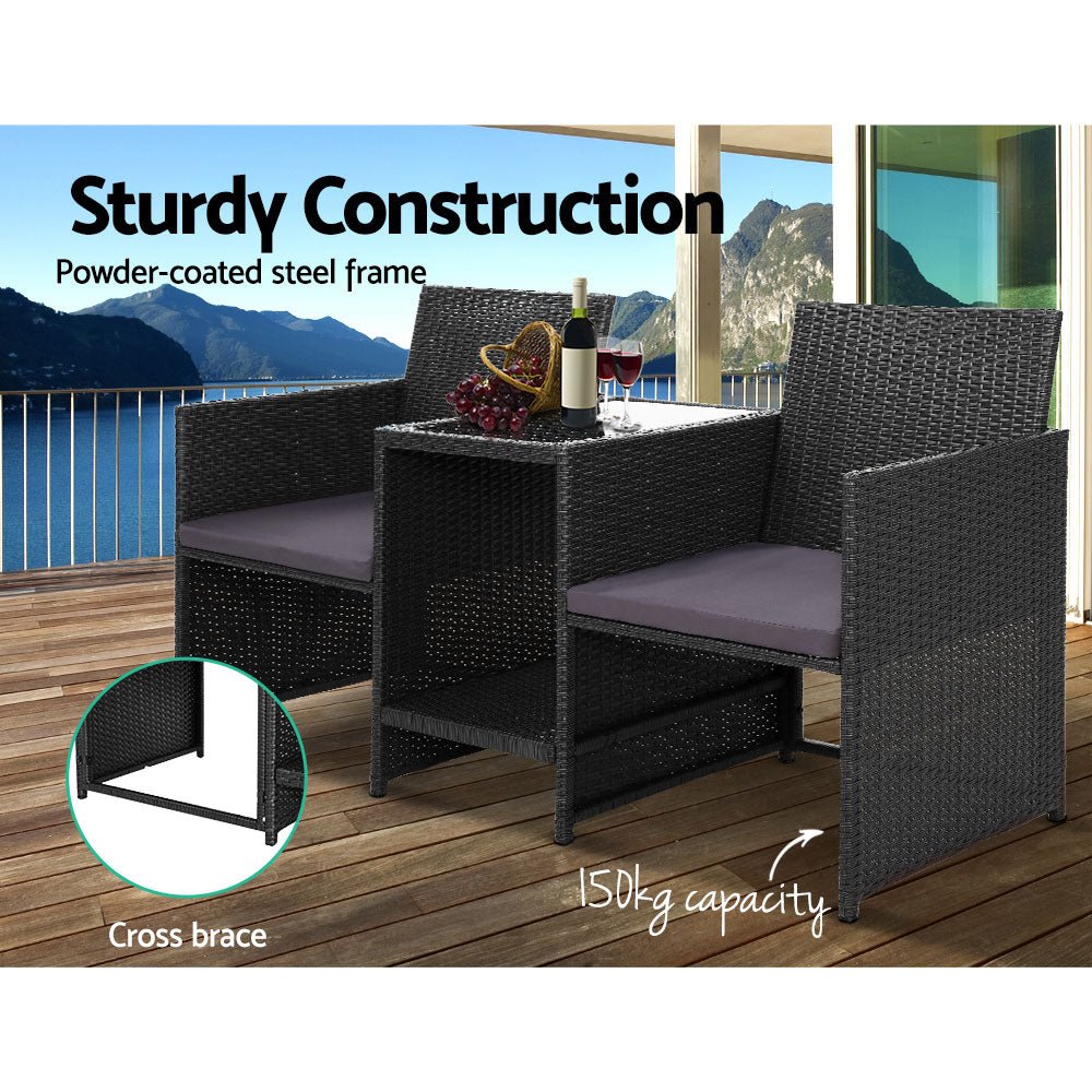 Outdoor Setting Wicker Loveseat Birstro Set Patio Garden Furniture Black - Furniture > Outdoor - Bedzy Australia