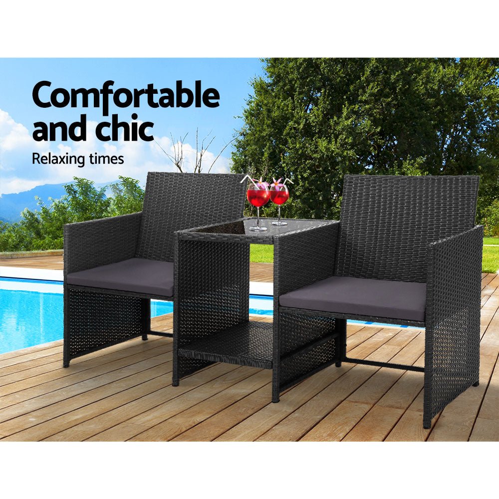 Outdoor Setting Wicker Loveseat Birstro Set Patio Garden Furniture Black - Furniture > Outdoor - Bedzy Australia