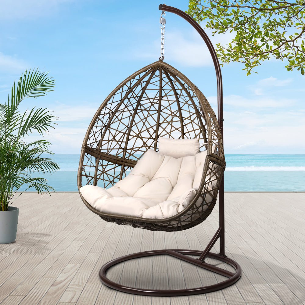 Outdoor Wicker Egg Swing Pod Chair Hammock with Stand Brown - Home & Garden > Hammocks - Bedzy Australia