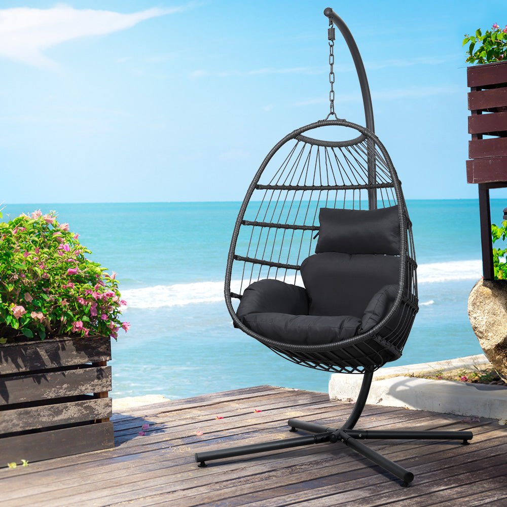 Outdoor Wicker Egg Swing Pod Chair Hammock with Stand Grey - Furniture > Outdoor - Bedzy Australia