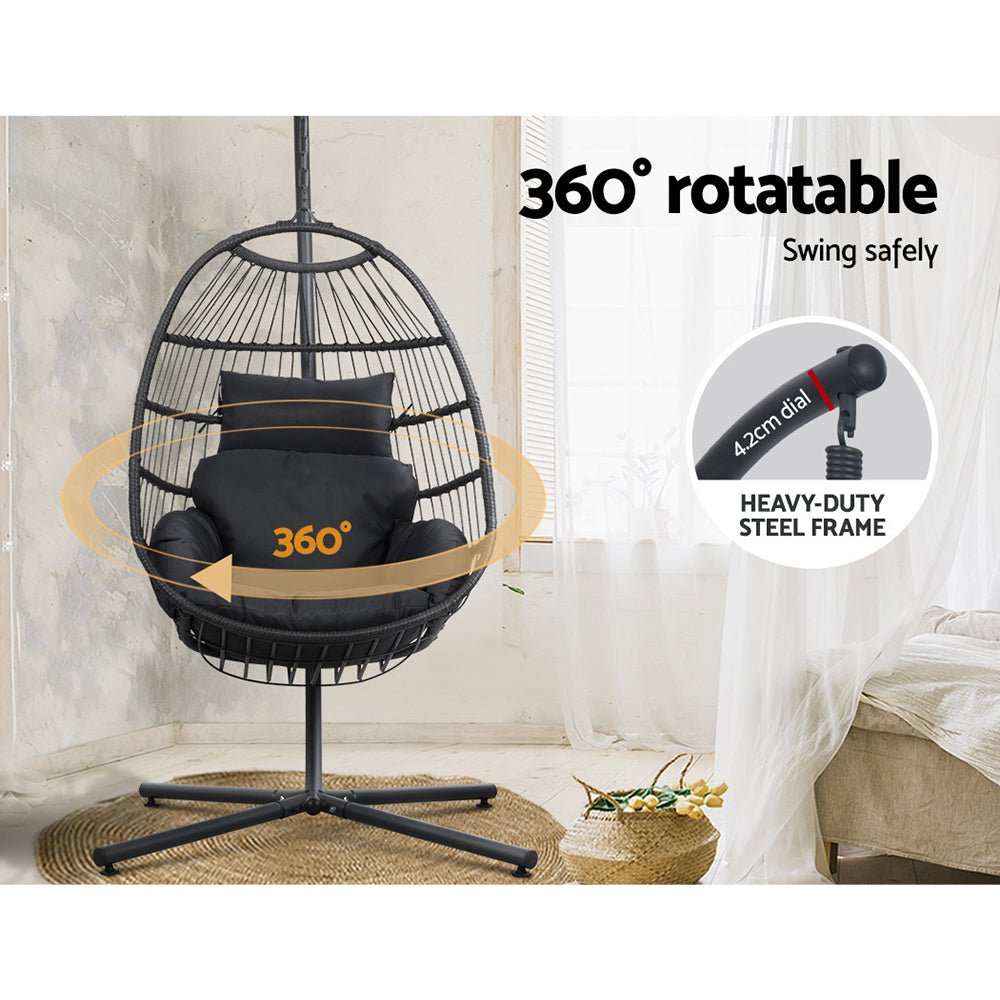 Outdoor Wicker Egg Swing Pod Chair Hammock with Stand Grey - Furniture > Outdoor - Bedzy Australia