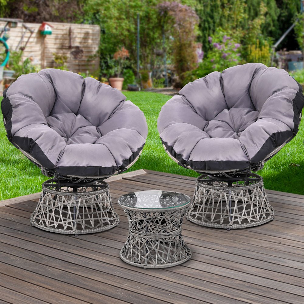 Papasan Chairs and Side Table Set (Grey) - Furniture > Outdoor - Bedzy Australia