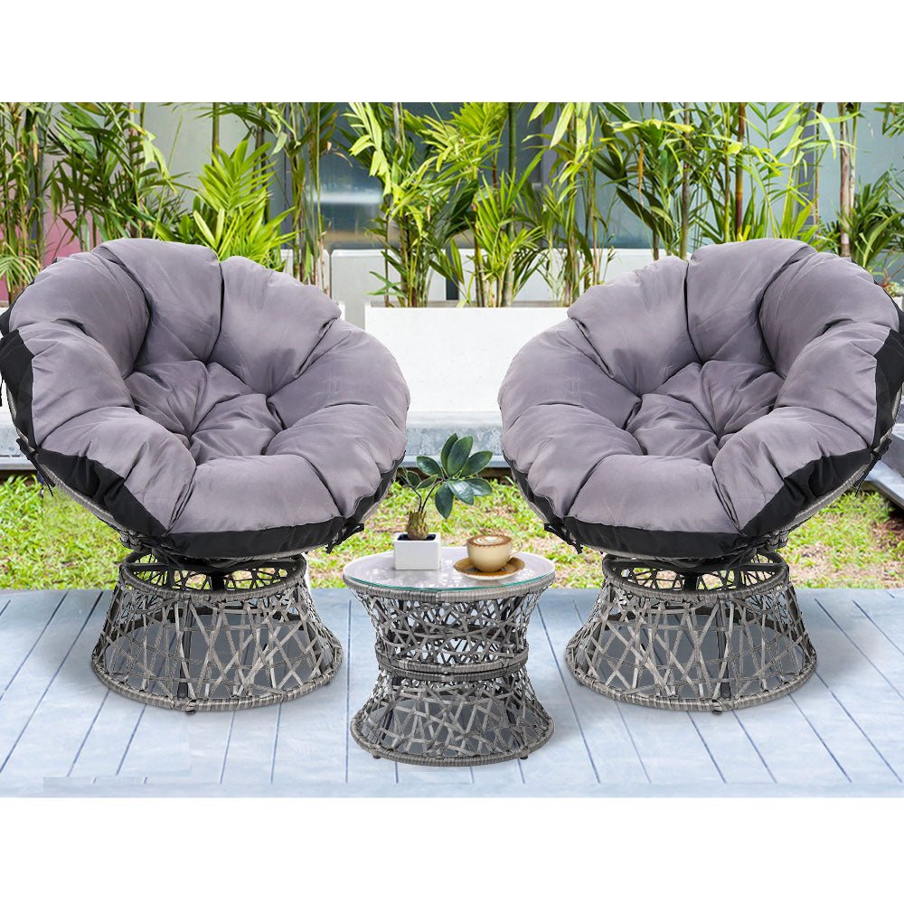 Papasan Chairs and Side Table Set (Grey) - Furniture > Outdoor - Bedzy Australia