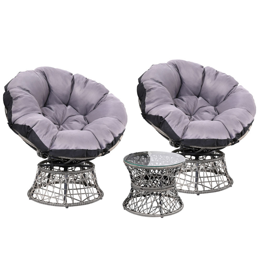 Papasan Chairs and Side Table Set (Grey) - Furniture > Outdoor - Bedzy Australia