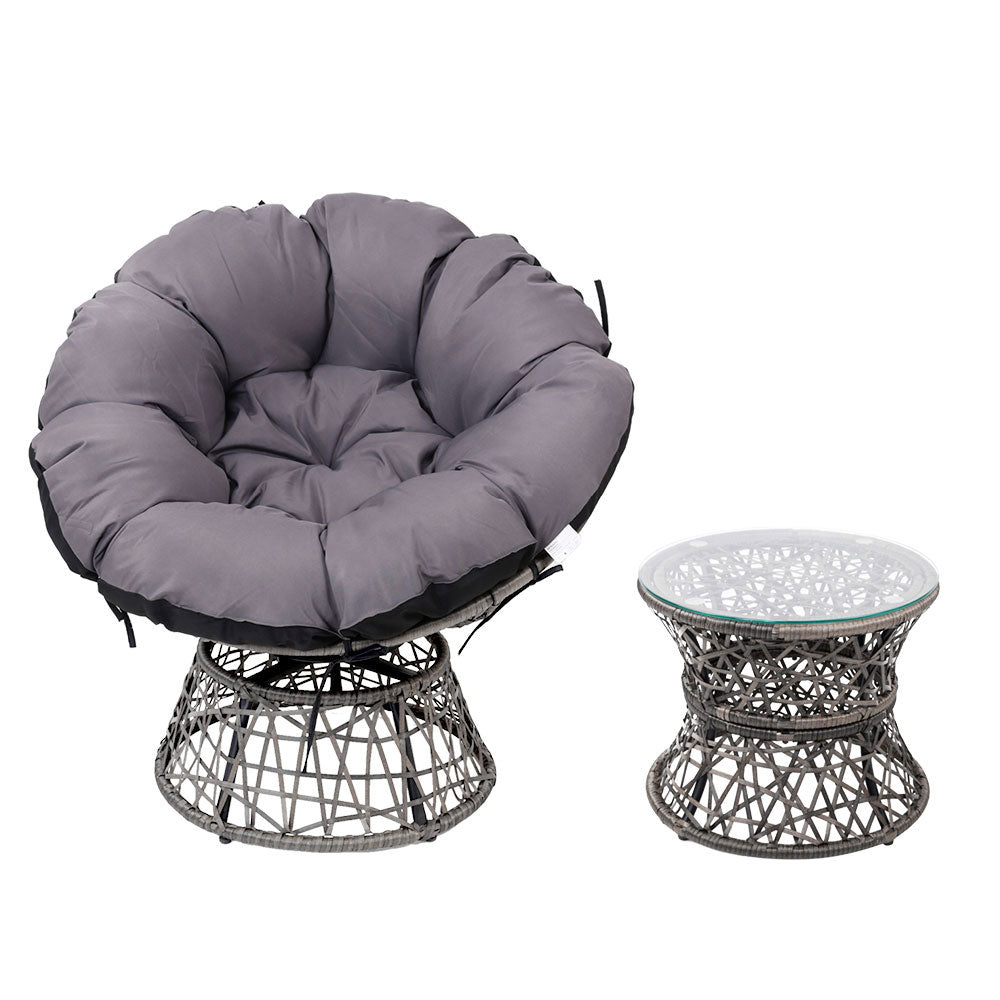 Papasan Chairs and Side Table Set (Grey) - Furniture > Outdoor - Bedzy Australia