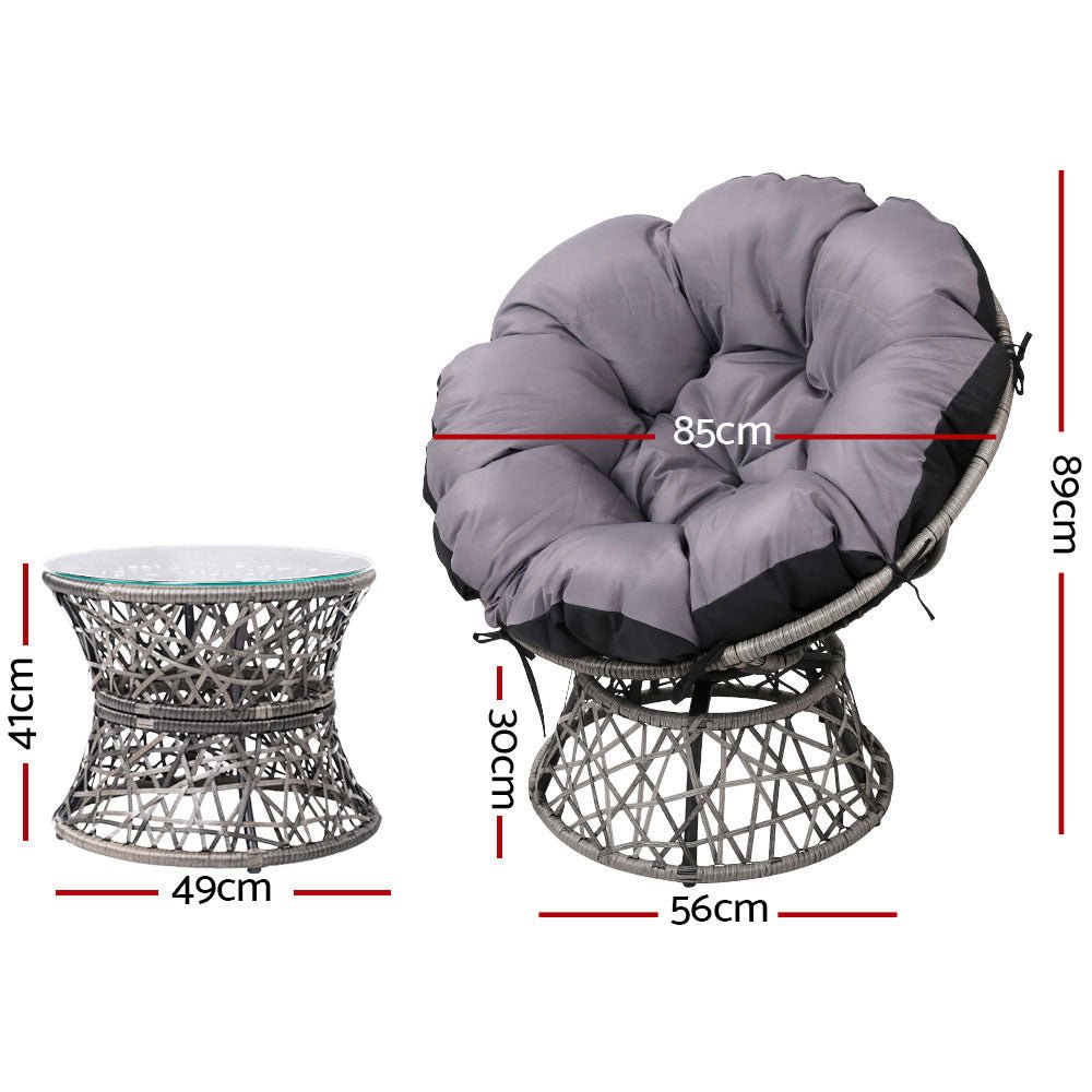 Papasan Chairs and Side Table Set (Grey) - Furniture > Outdoor - Bedzy Australia