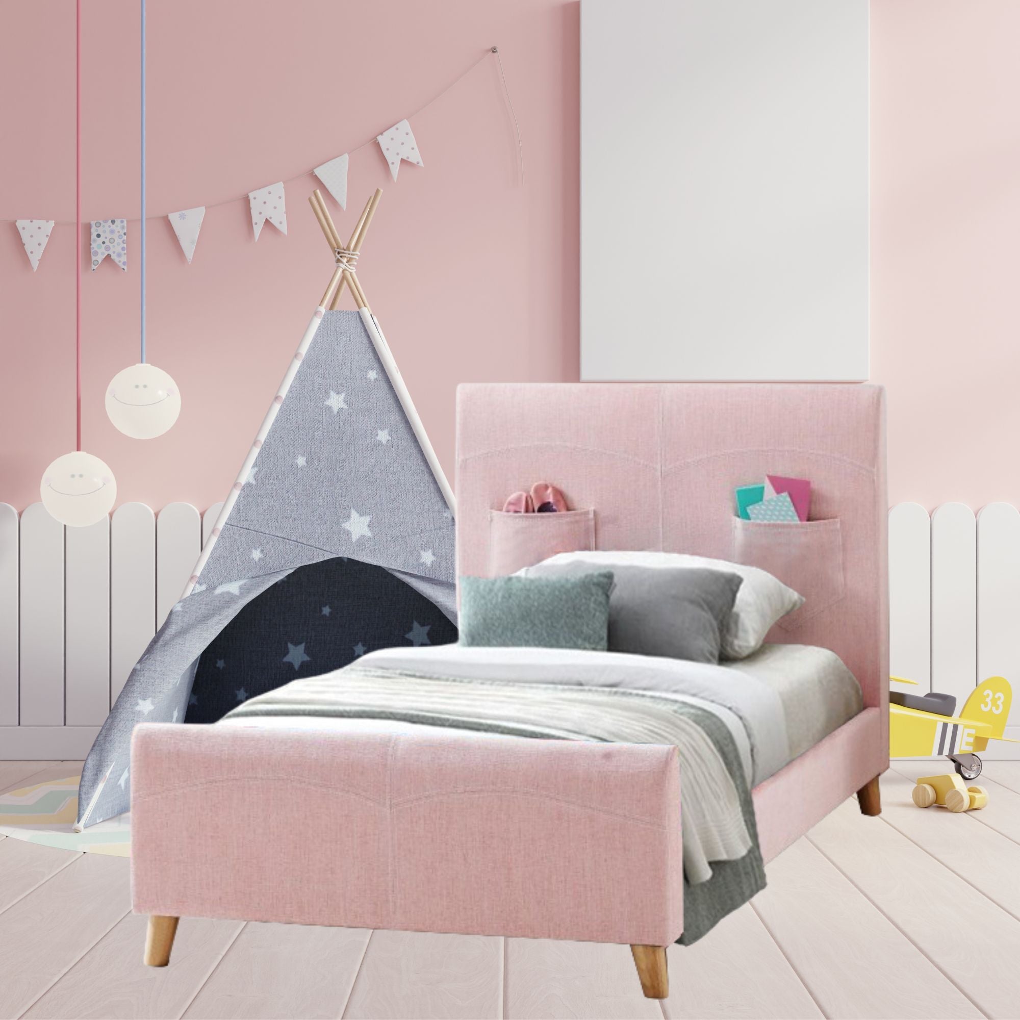 Kids King Single Deluxe Fabric Upholstered Bed - Pink - Furniture > Bedroom - Bedzy Australia