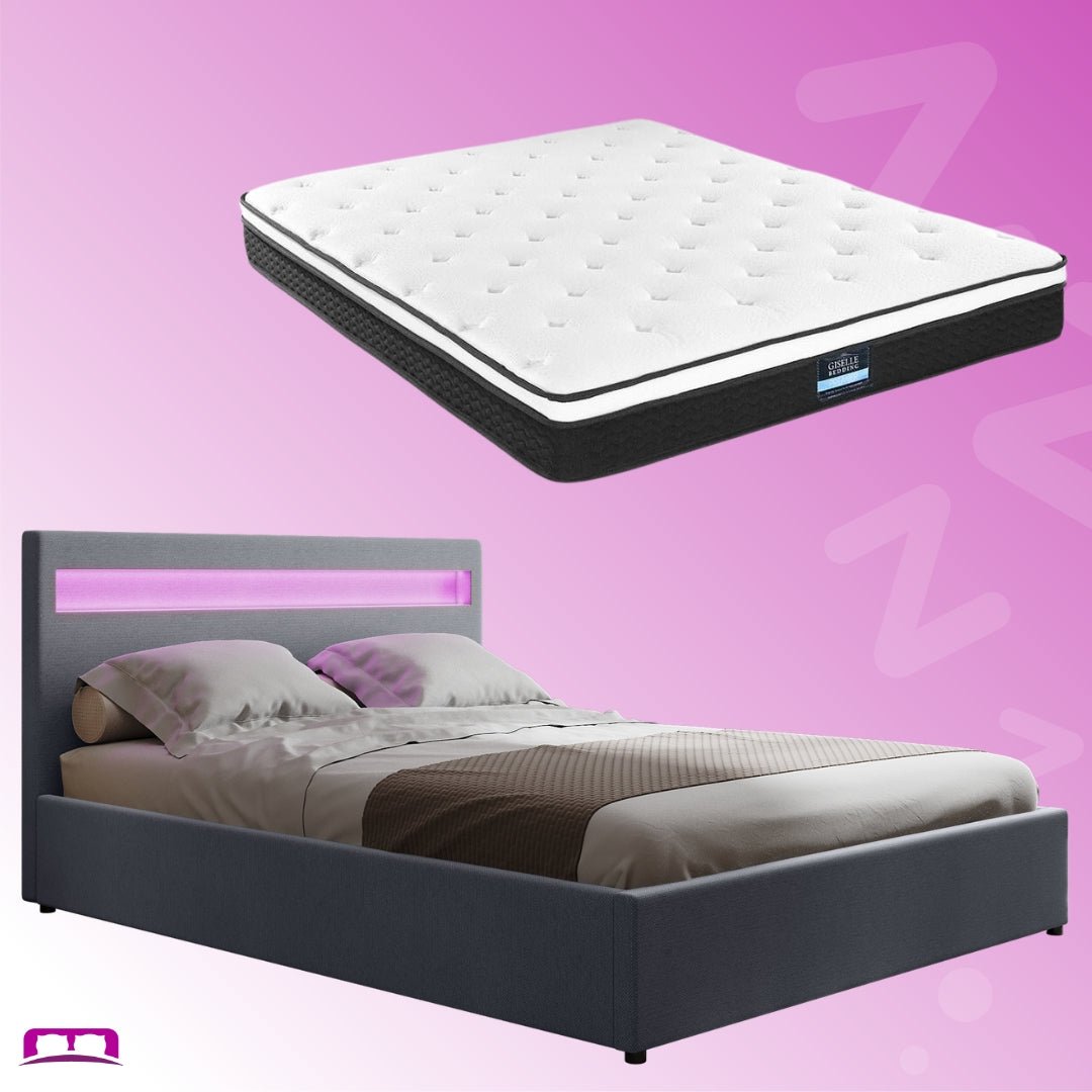 Queen Package | Wanda LED Storage Bed Grey & Bonita Euro Top Mattress (Medium Firm) - Bedzy Australia