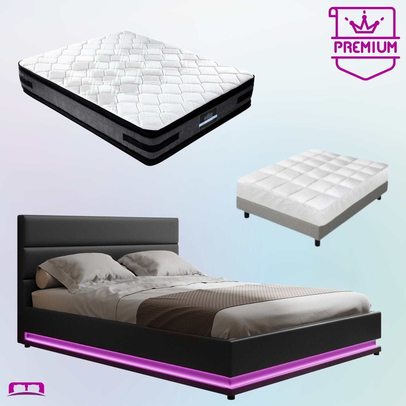 Queen Premium Package | Henley LED Storage Queen Bed Frame Black, Luna Series Euro Top Mattress (Medium Firm) & Bamboo Mattress Topper! - Bedzy Australia