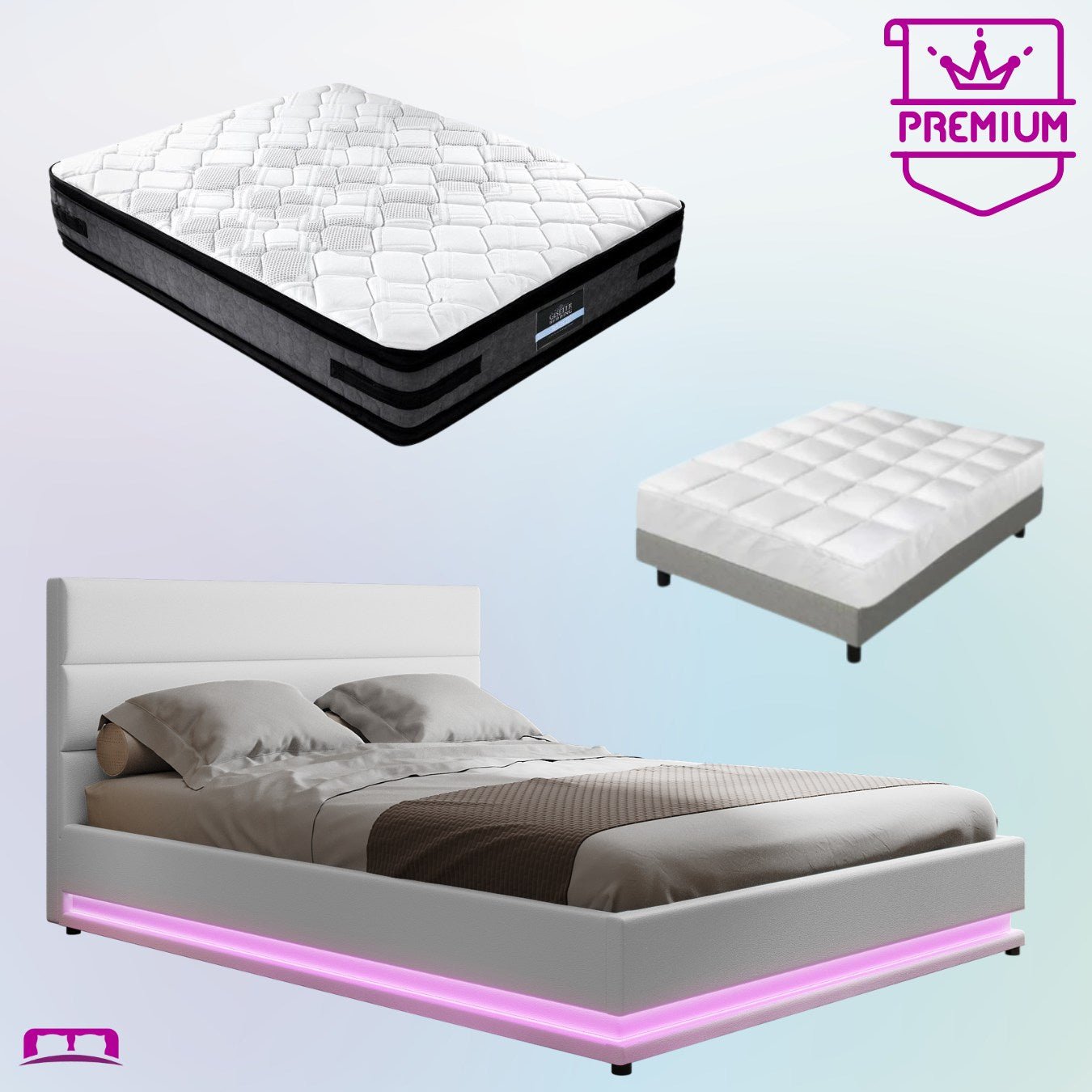 Queen Premium Package | Henley LED Storage Queen Bed Frame White, Luna Series Euro Top Mattress (Medium Firm) & Bamboo Mattress Topper! - Bedzy Australia