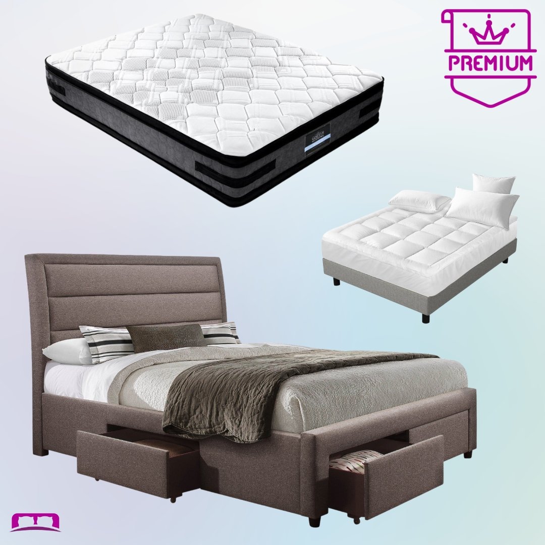 Queen Premium Package | Megan Bed Frame Light Grey, Luna Series Euro Top Mattress (Medium Firm) & Bamboo Mattress Topper! - Bedzy Australia