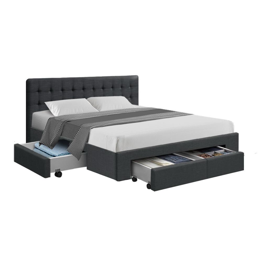 Queen Premium Package | Trinity Queen Bed Frame with Storage Charcoal, Luna Series Euro Top Mattress (Medium Firm) & Bamboo Mattress Topper! - Bedzy Australia