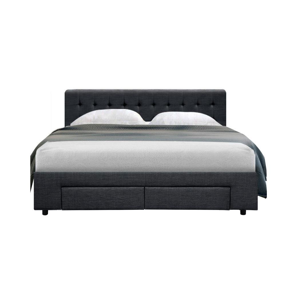 Queen Premium Package | Trinity Queen Bed Frame with Storage Charcoal, Luna Series Euro Top Mattress (Medium Firm) & Bamboo Mattress Topper! - Bedzy Australia