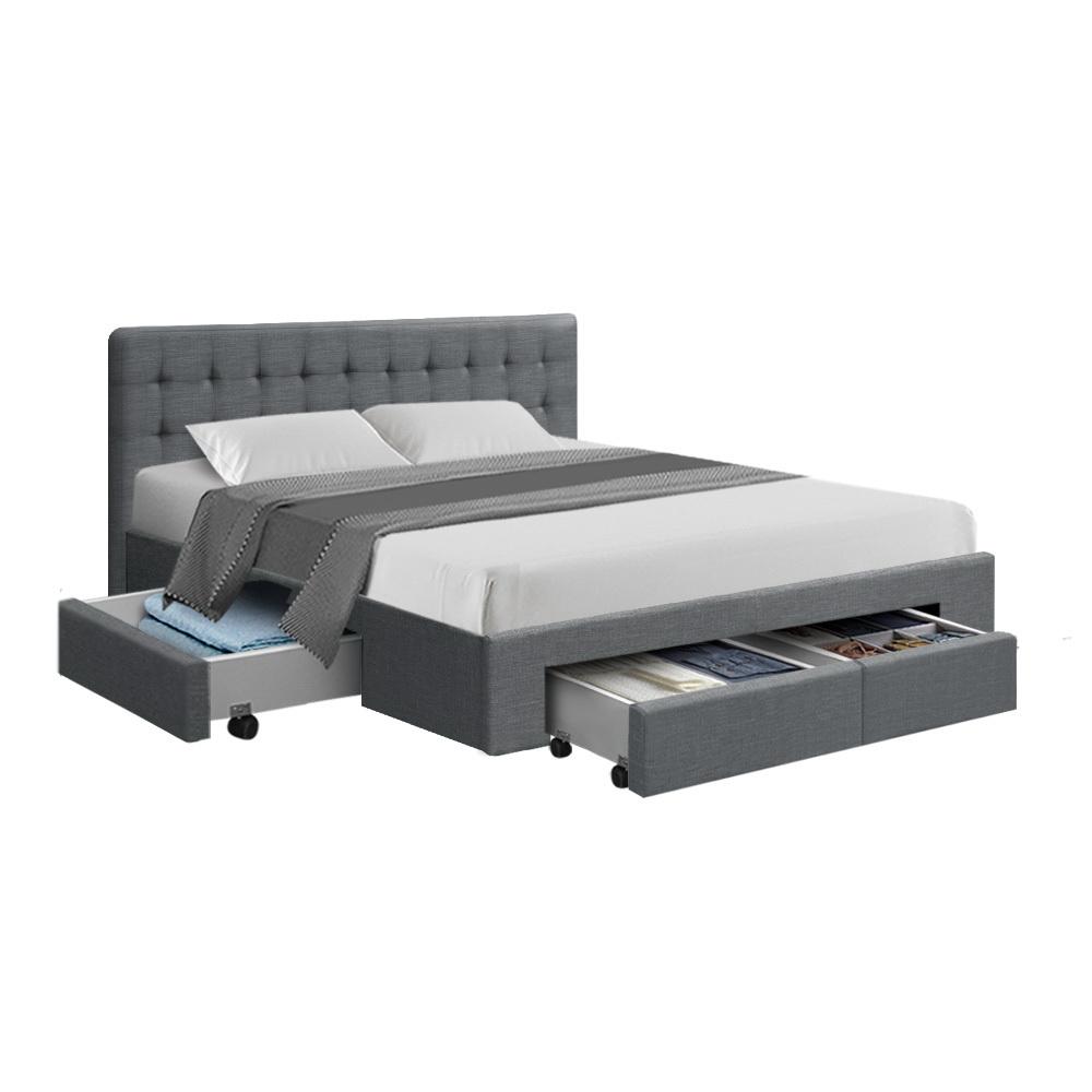 Queen Premium Package | Trinity Queen Bed Frame with Storage Grey, Luna Series Euro Top Mattress (Medium Firm) & Bamboo Mattress Topper! - Bedzy Australia