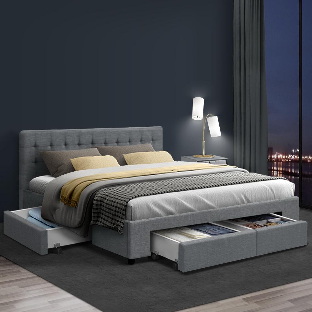 Queen Premium Package | Trinity Queen Bed Frame with Storage Grey, Luna Series Euro Top Mattress (Medium Firm) & Bamboo Mattress Topper! - Bedzy Australia