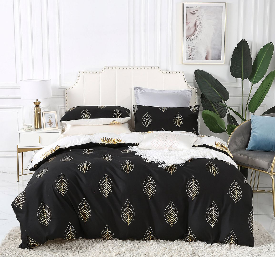 Reversible Design King Size Black Gold Duvet Doona Quilt Cover Set - Home & Garden > Bedding - Bedzy Australia