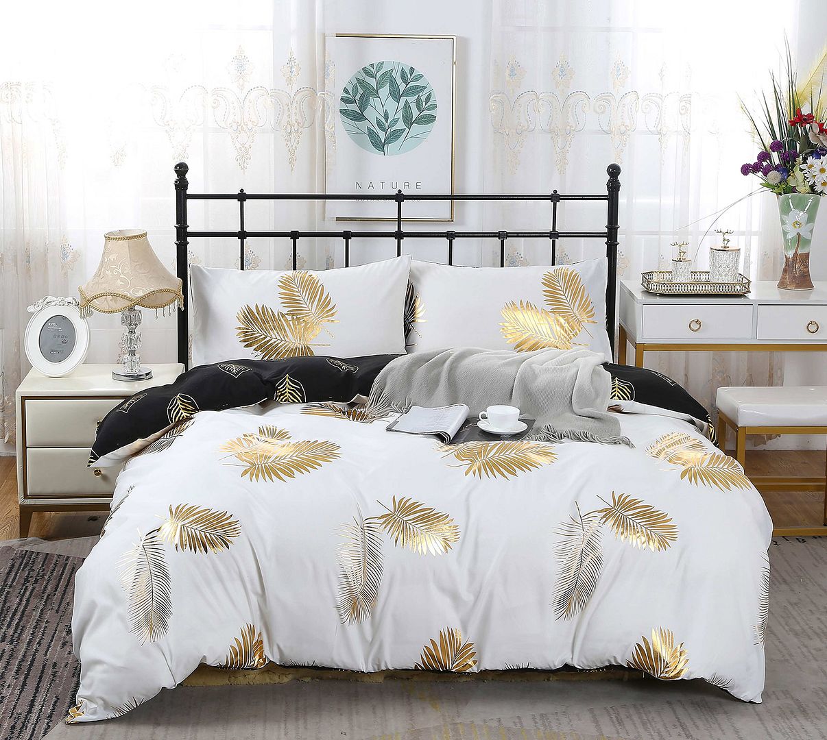 Reversible Design King Size Black Gold Duvet Doona Quilt Cover Set - Home & Garden > Bedding - Bedzy Australia