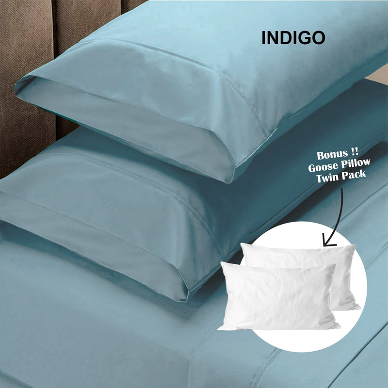 Royal Comfort 4 Piece 1500TC Sheet Set And Goose Feather Down Pillows 2 Pack Set King Indigo - Bedzy Australia