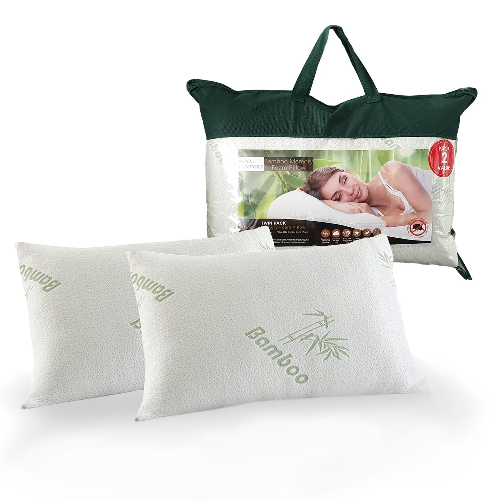 Royal Comfort Luxury Bamboo Covered Memory Foam Pillow Twin Pack Hypoallergenic 56 x 36 x 10 cm White, Green - Bedzy Australia