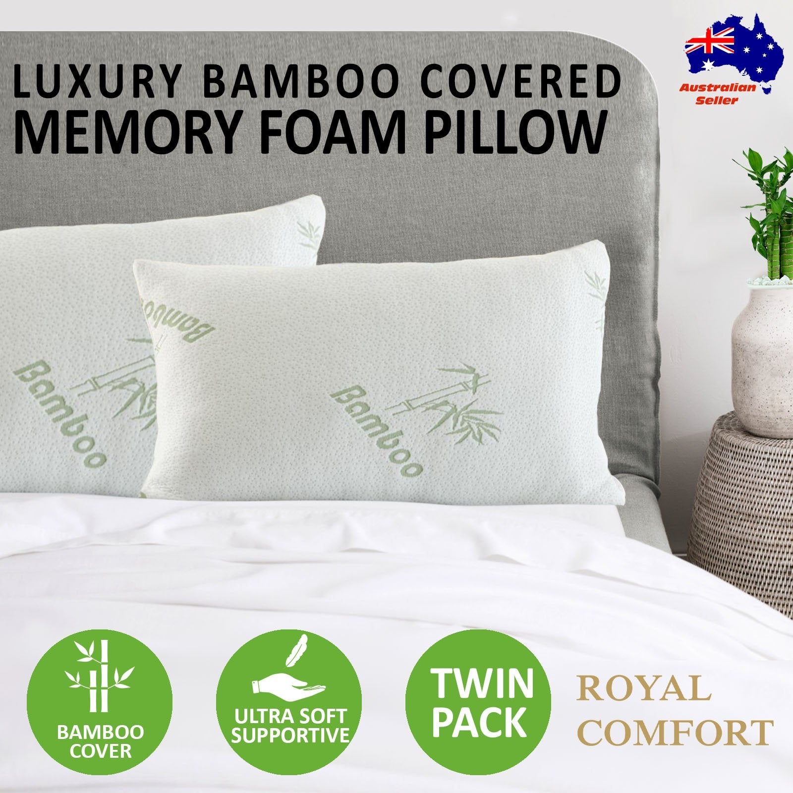 Royal Comfort Luxury Bamboo Covered Memory Foam Pillow Twin Pack Hypoallergenic 56 x 36 x 10 cm White, Green - Bedzy Australia