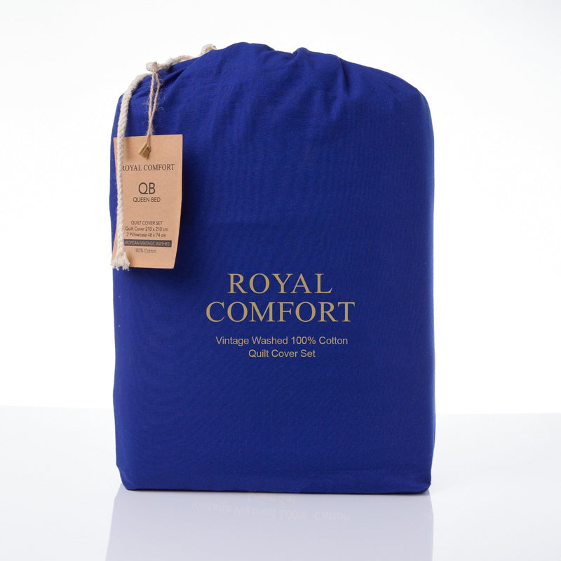 Royal Comfort Vintage Washed 100% Cotton Quilt Cover Set Bedding Ultra Soft King Royal Blue - Bedzy Australia