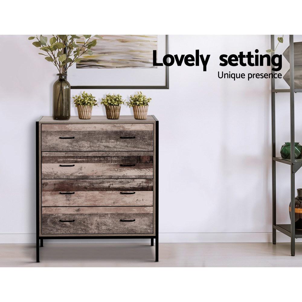 Rustic Industrial Look 4-drawer Tallboy - Bedzy Australia