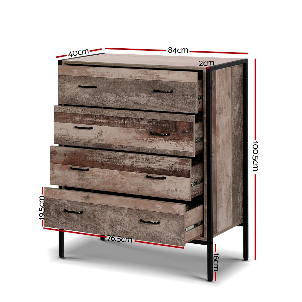 Rustic Industrial Look 4-drawer Tallboy - Bedzy Australia