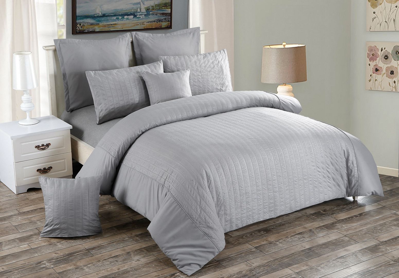 Seersucker King Size Grey Duvet Doona Quilt Cover Set - Home & Garden > Bedding - Bedzy Australia