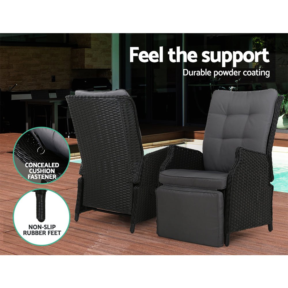 Set of 2 Elara Outdoor Recliner Patio Chairs Black - Furniture > Outdoor - Bedzy Australia