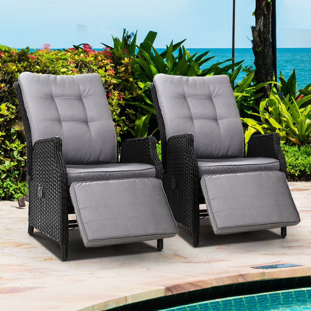 Set of 2 Elara Outdoor Recliner Patio Chairs Black - Furniture > Outdoor - Bedzy Australia