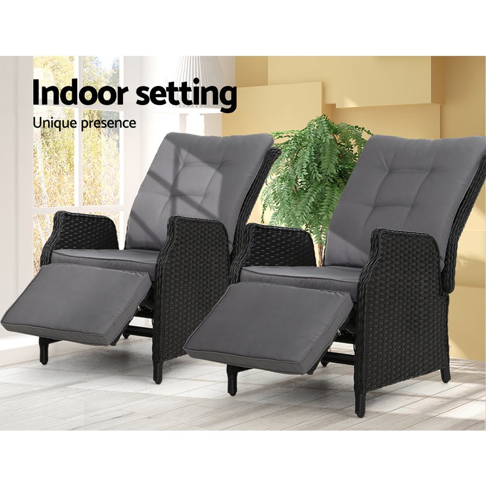 Set of 2 Elara Outdoor Recliner Patio Chairs Black - Furniture > Outdoor - Bedzy Australia