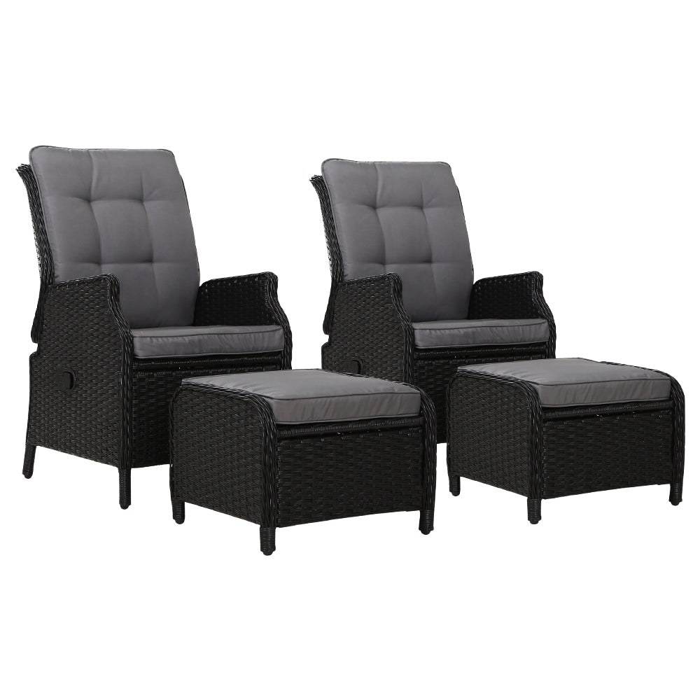 Set of 2 Ella Outdoor Recliner Patio Chairs Black - Furniture > Outdoor - Bedzy Australia