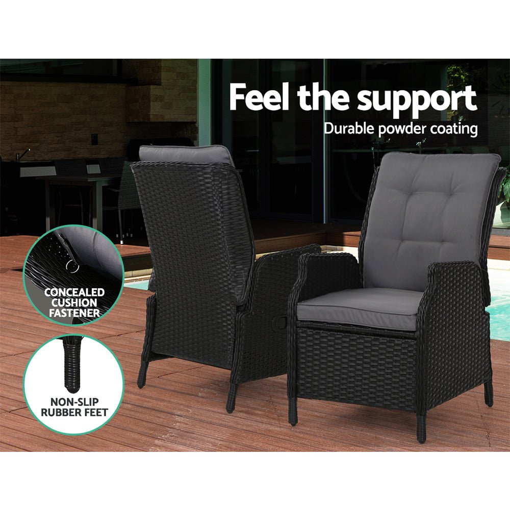 Set of 2 Ella Outdoor Recliner Patio Chairs Black - Furniture > Outdoor - Bedzy Australia