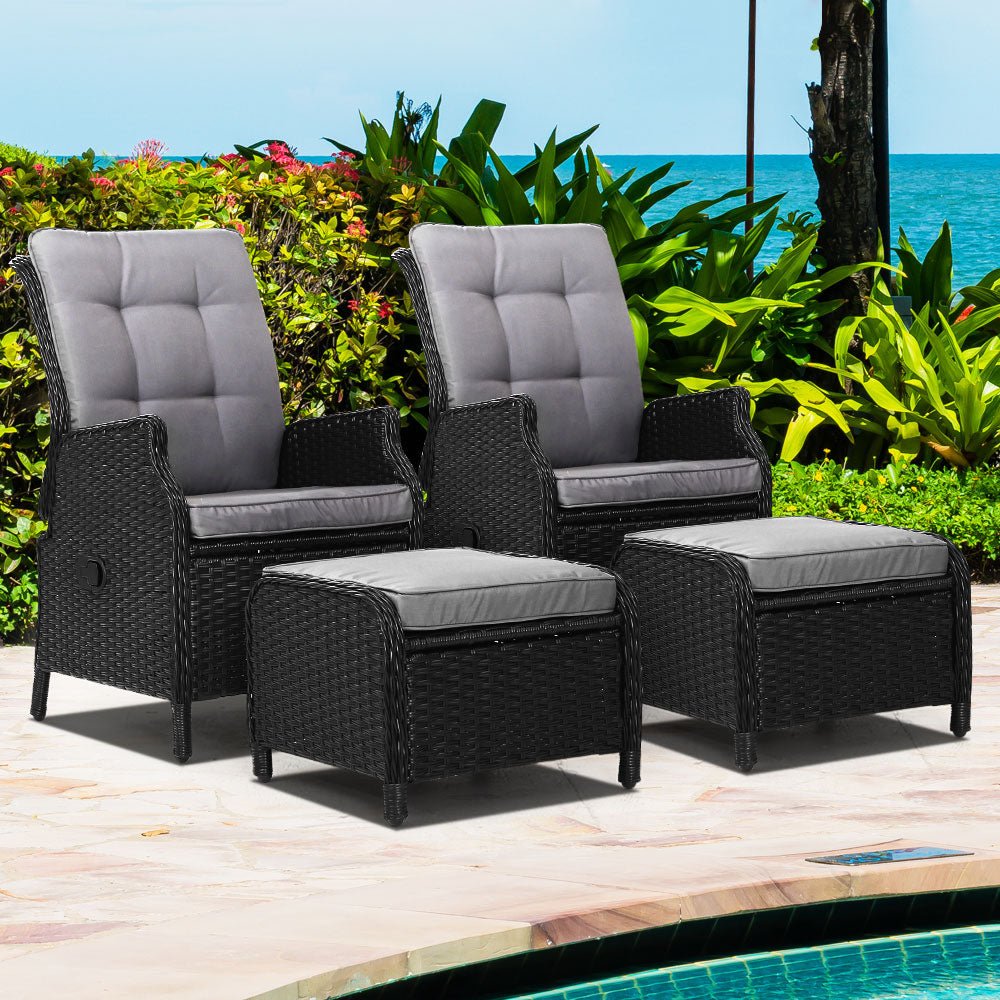 Set of 2 Ella Outdoor Recliner Patio Chairs Black - Furniture > Outdoor - Bedzy Australia