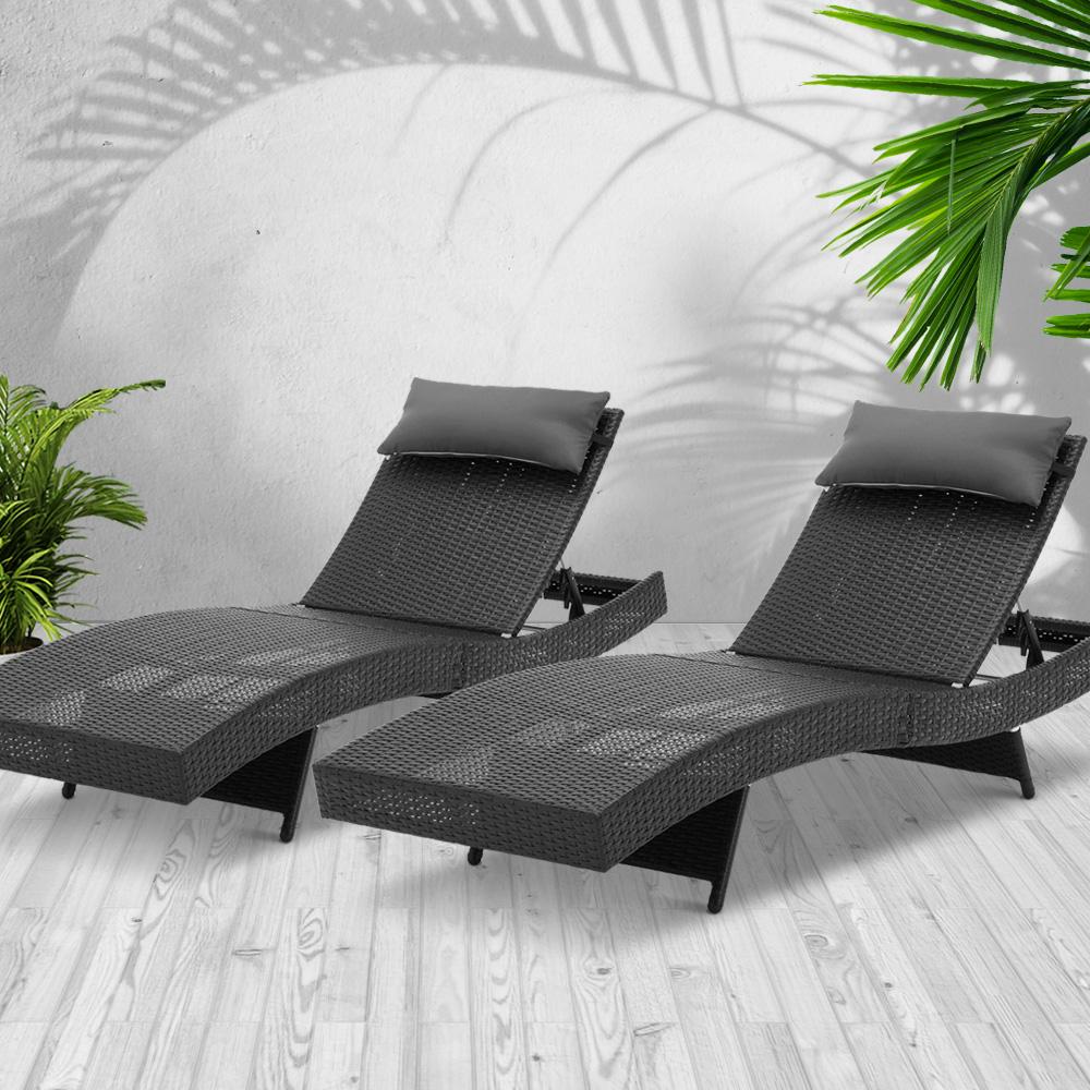 Set of 2 Outdoor Wicker Sun Lounges - Black - Bedzy Australia