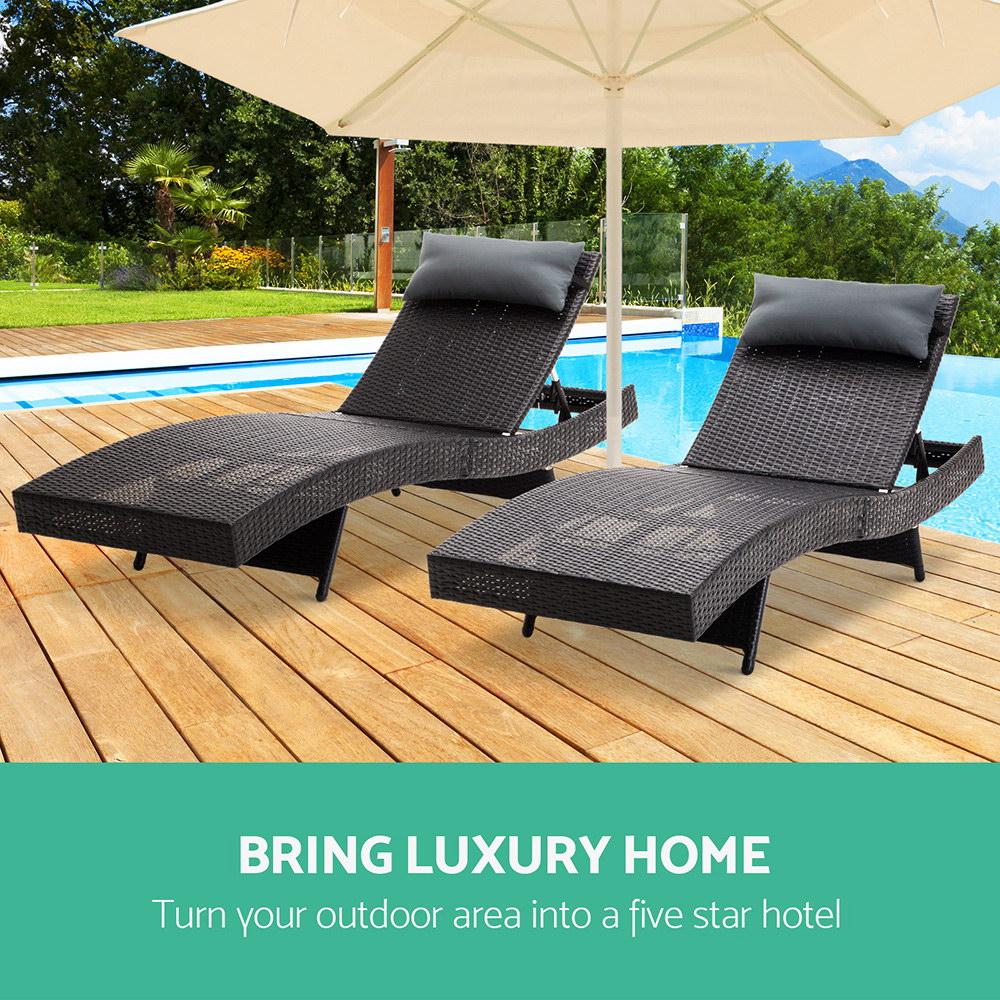 Set of 2 Outdoor Wicker Sun Lounges - Black - Bedzy Australia