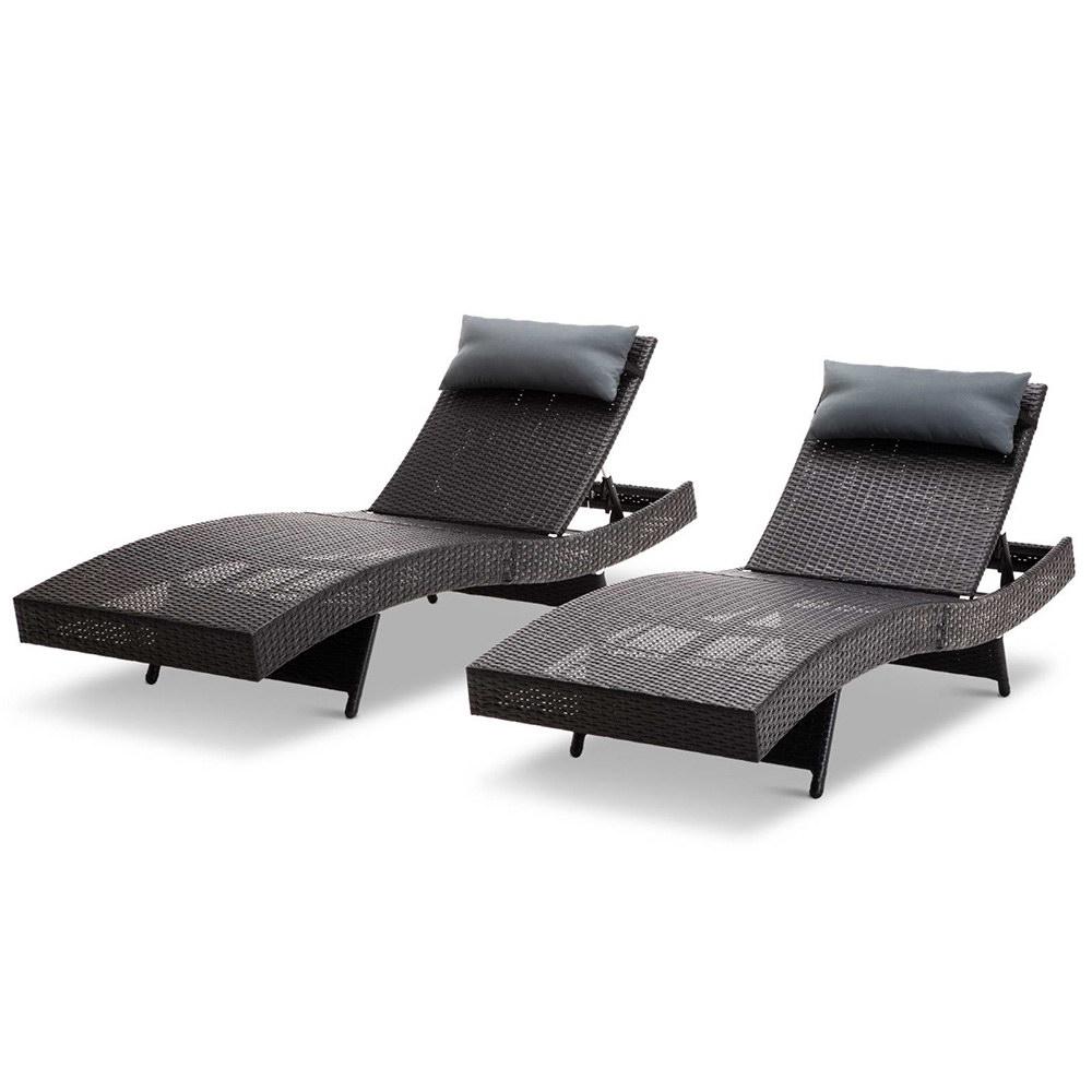 Set of 2 Outdoor Wicker Sun Lounges - Black - Bedzy Australia