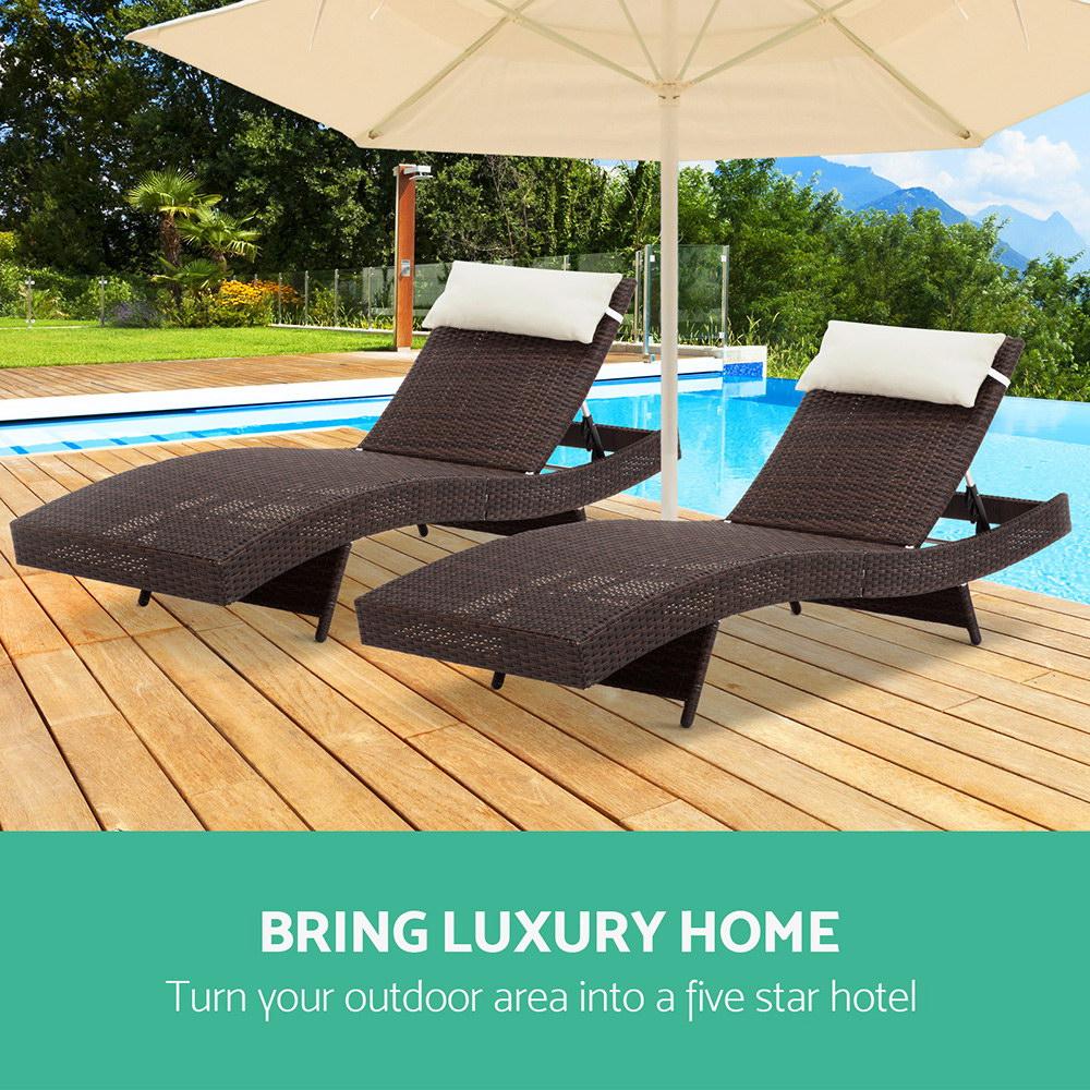 Set of 2 Outdoor Wicker Sun Lounges - Brown - Bedzy Australia