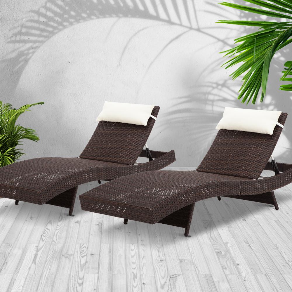 Set of 2 Outdoor Wicker Sun Lounges - Brown - Bedzy Australia