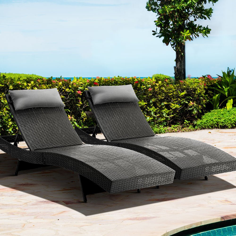 Set of 2 Wicker Outdoor Sun Loungers Black - Furniture > Outdoor - Bedzy Australia