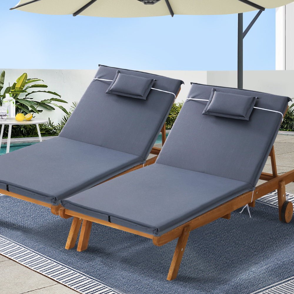 Set of 2 Wooden Sun Loungers Wheel Patio Grey - Furniture > Outdoor - Bedzy Australia