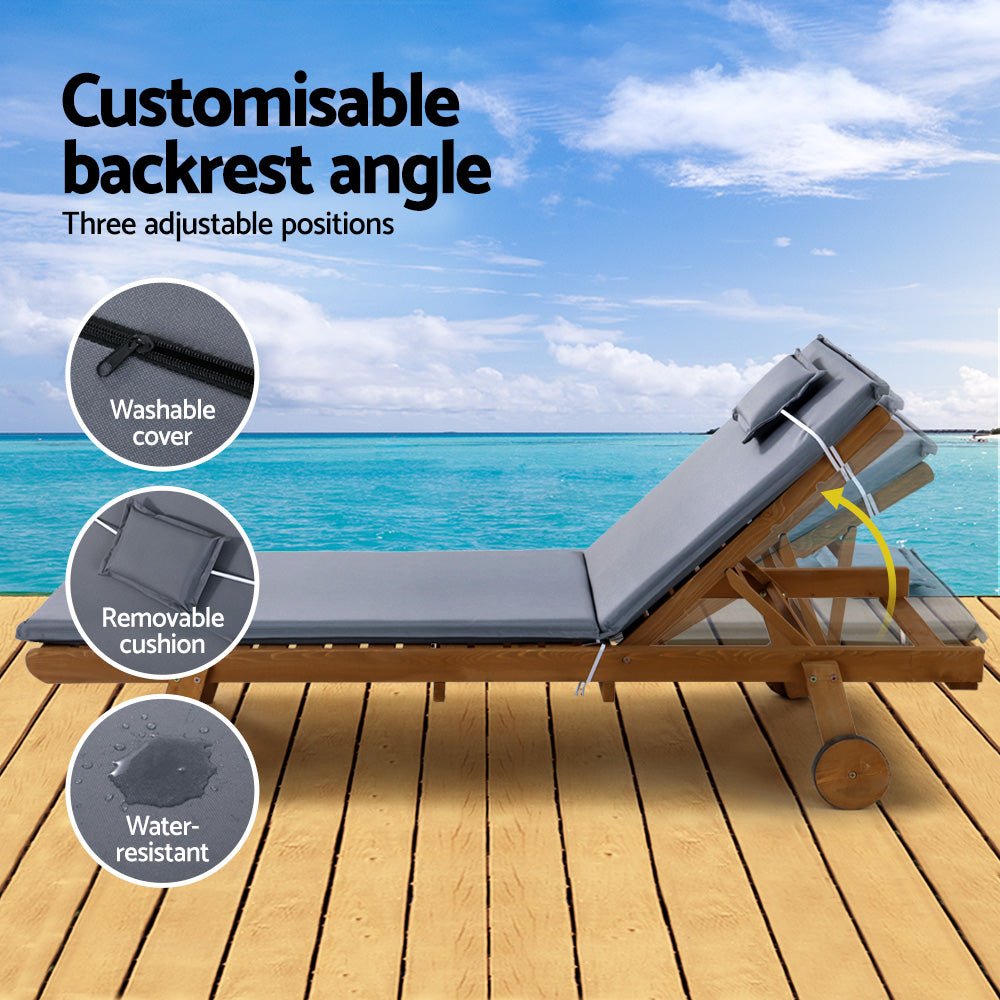 Set of 2 Wooden Sun Loungers Wheel Patio Grey - Furniture > Outdoor - Bedzy Australia