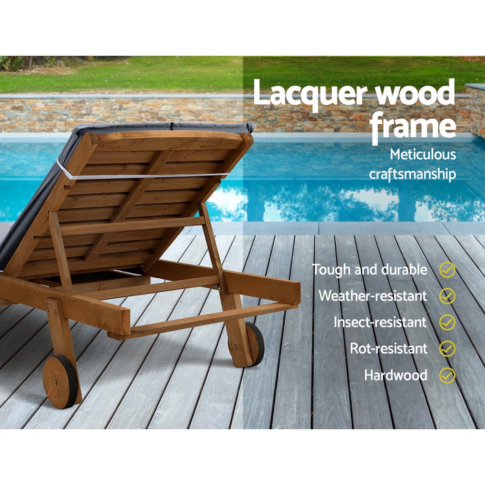 Set of 2 Wooden Sun Loungers Wheel Patio Grey - Furniture > Outdoor - Bedzy Australia