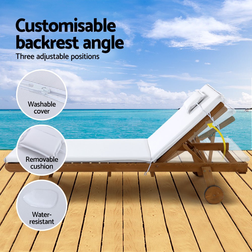 Set of 2 Wooden Sun Loungers Wheel Patio White - Furniture > Outdoor - Bedzy Australia