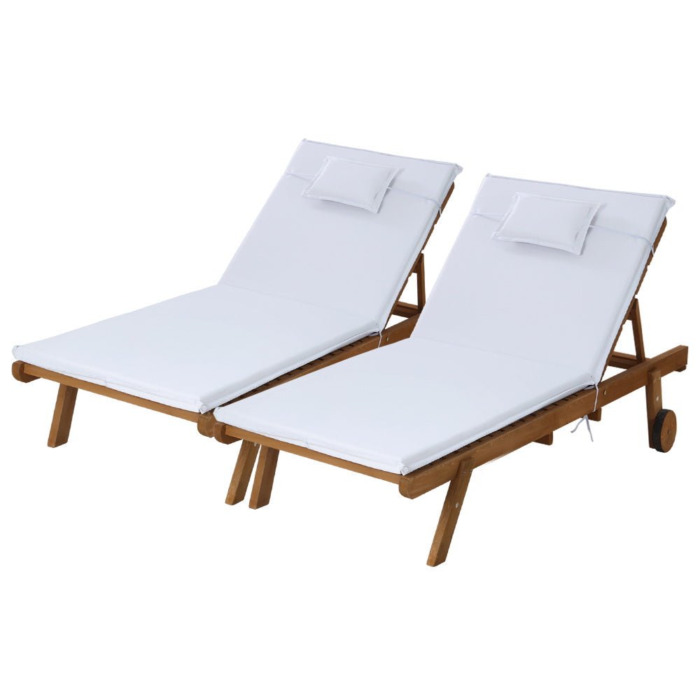 Set of 2 Wooden Sun Loungers Wheel Patio White - Furniture > Outdoor - Bedzy Australia