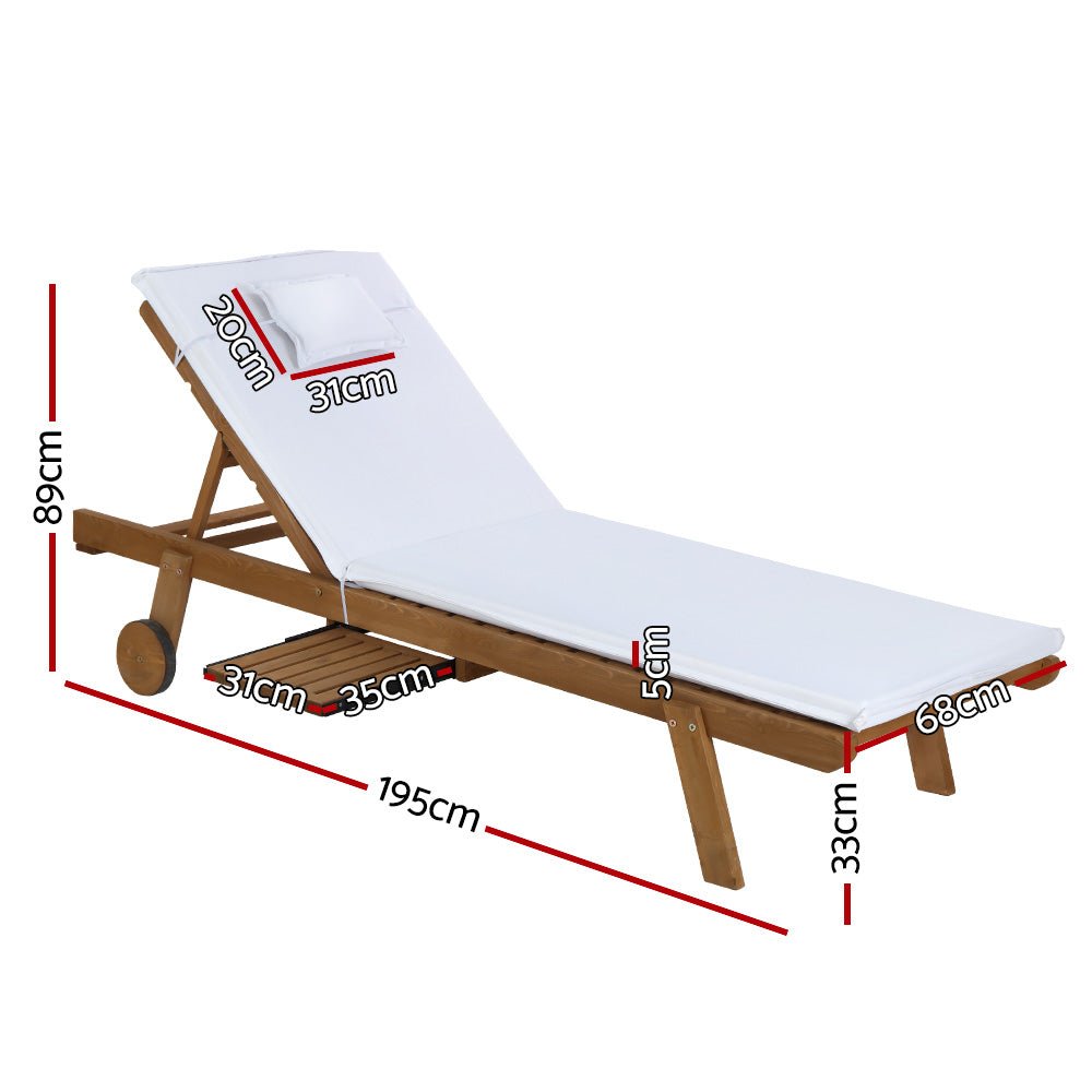 Set of 2 Wooden Sun Loungers Wheel Patio White - Furniture > Outdoor - Bedzy Australia