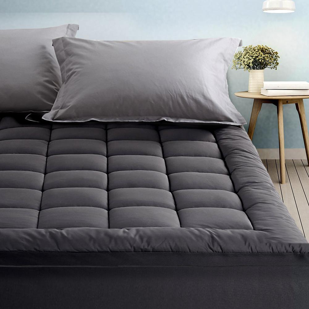 Single Mattress Topper Pillowtop 1000GSM Charcoal Microfibre Bamboo Fibre Filling Protector - Bedzy Australia