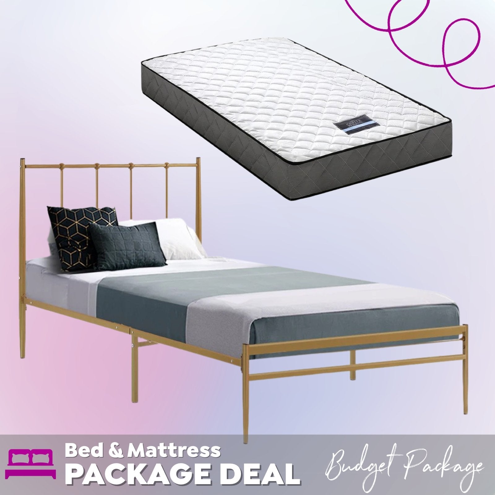 Single Package | Amor Bed Gold & Alzbeta Bonnell Spring Mattress (Medium Firm) - Bedzy Australia