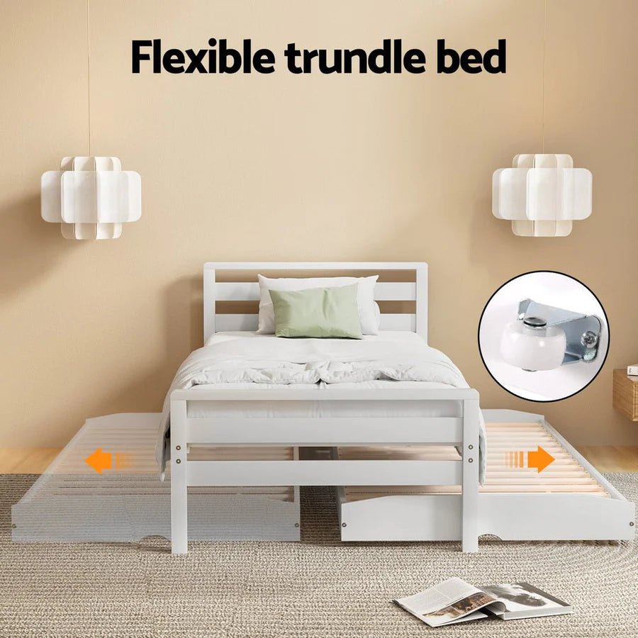 Single Package | Avis Wooden Trundle Bed Frame White, Bonita Pillow Top Mattress (Medium Firm) & Alessio Series Trundle Mattress (Medium Firm) - Bedzy Australia